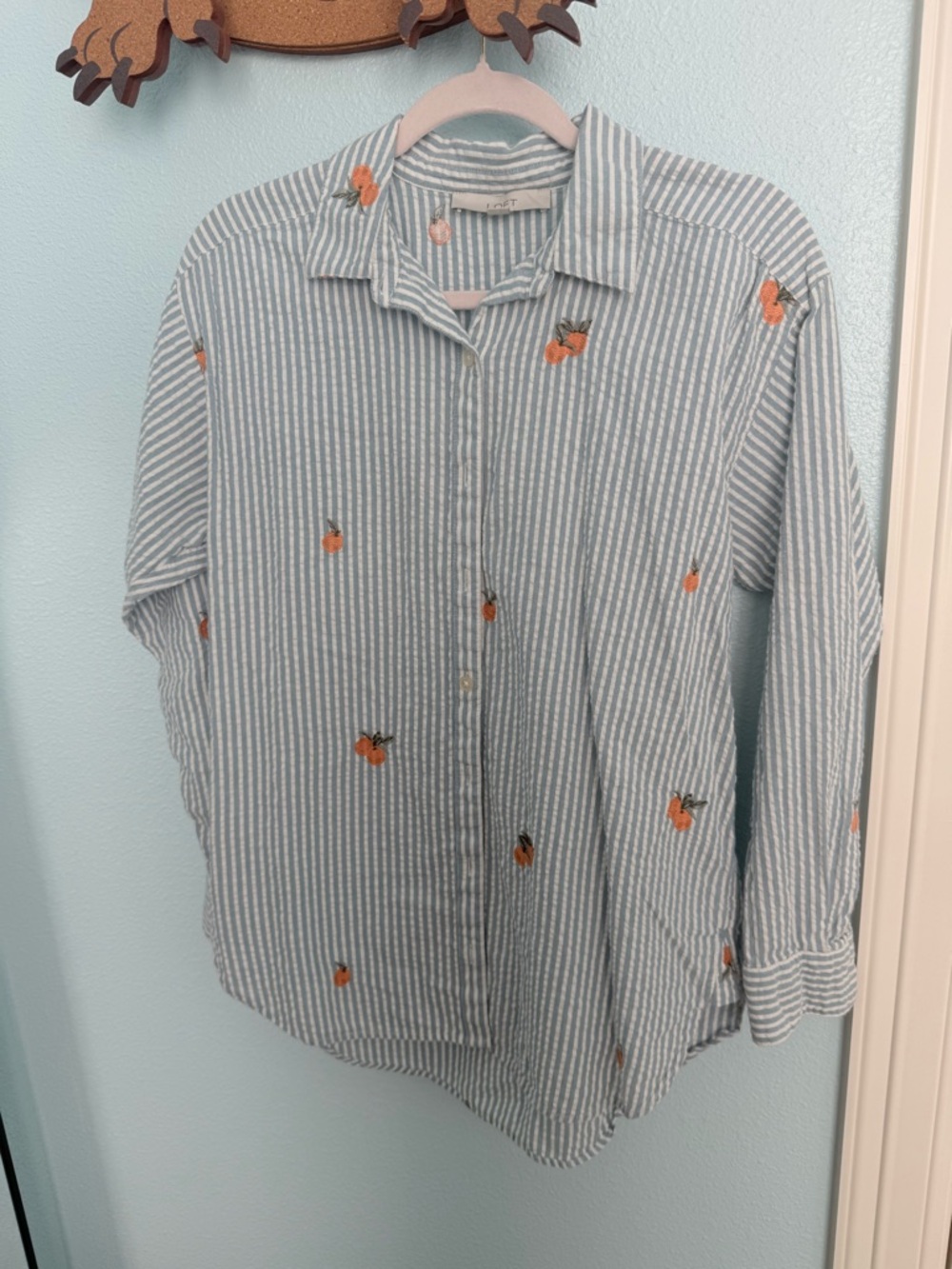 Light Blue Striped Women’s Button-Up Shirt with Orange Embroidery
